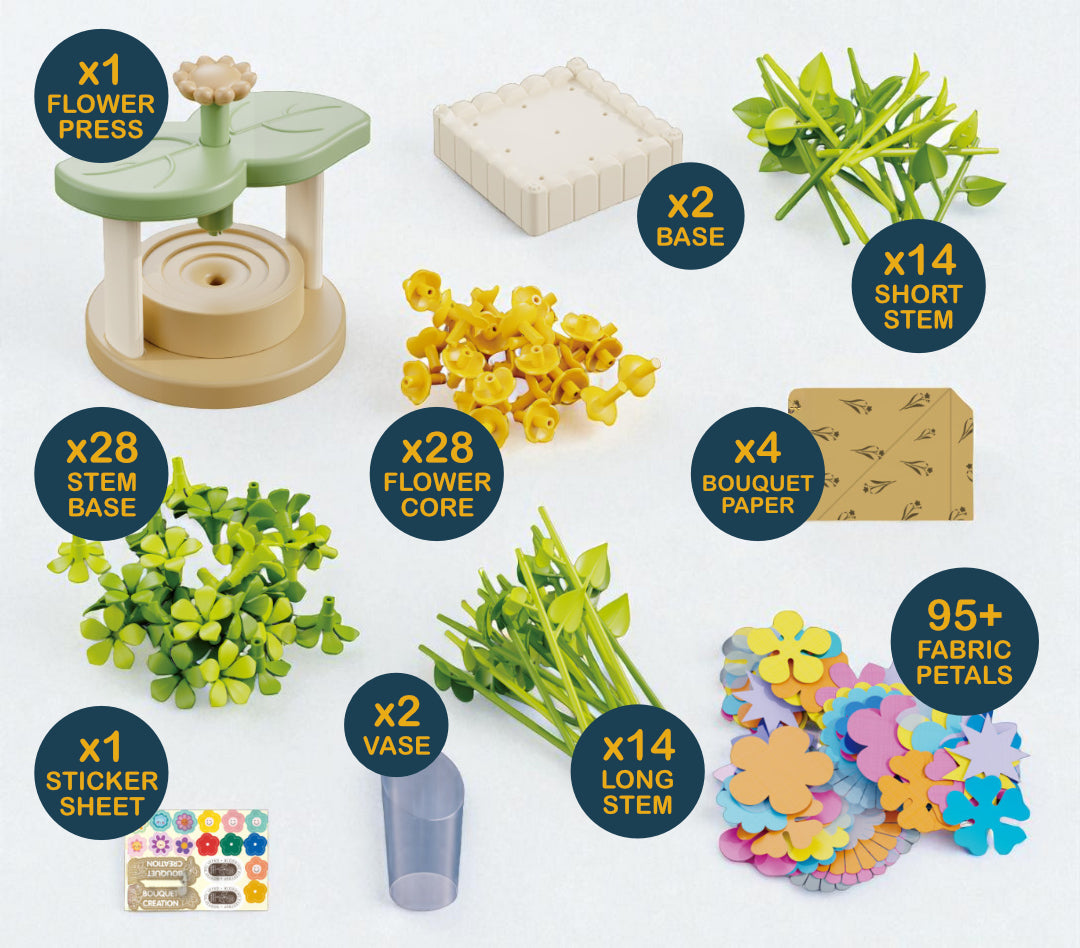 Set of craft materials including a flower press, bases, stems, flowers, and other supplies on a white background.