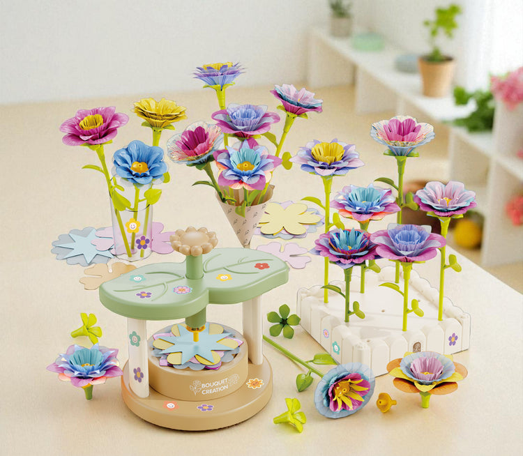 flower maker craft kit with fabric flowers arranged in colourful bouquets